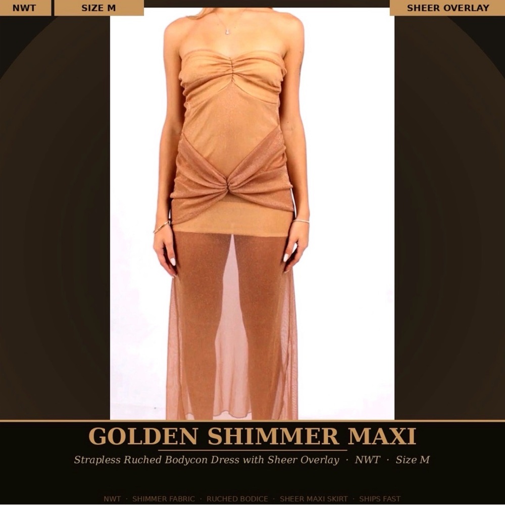 Golden Shimmer Strapless Ruched Bodycon Maxi Dress | Sheer Overlay | NWT | M